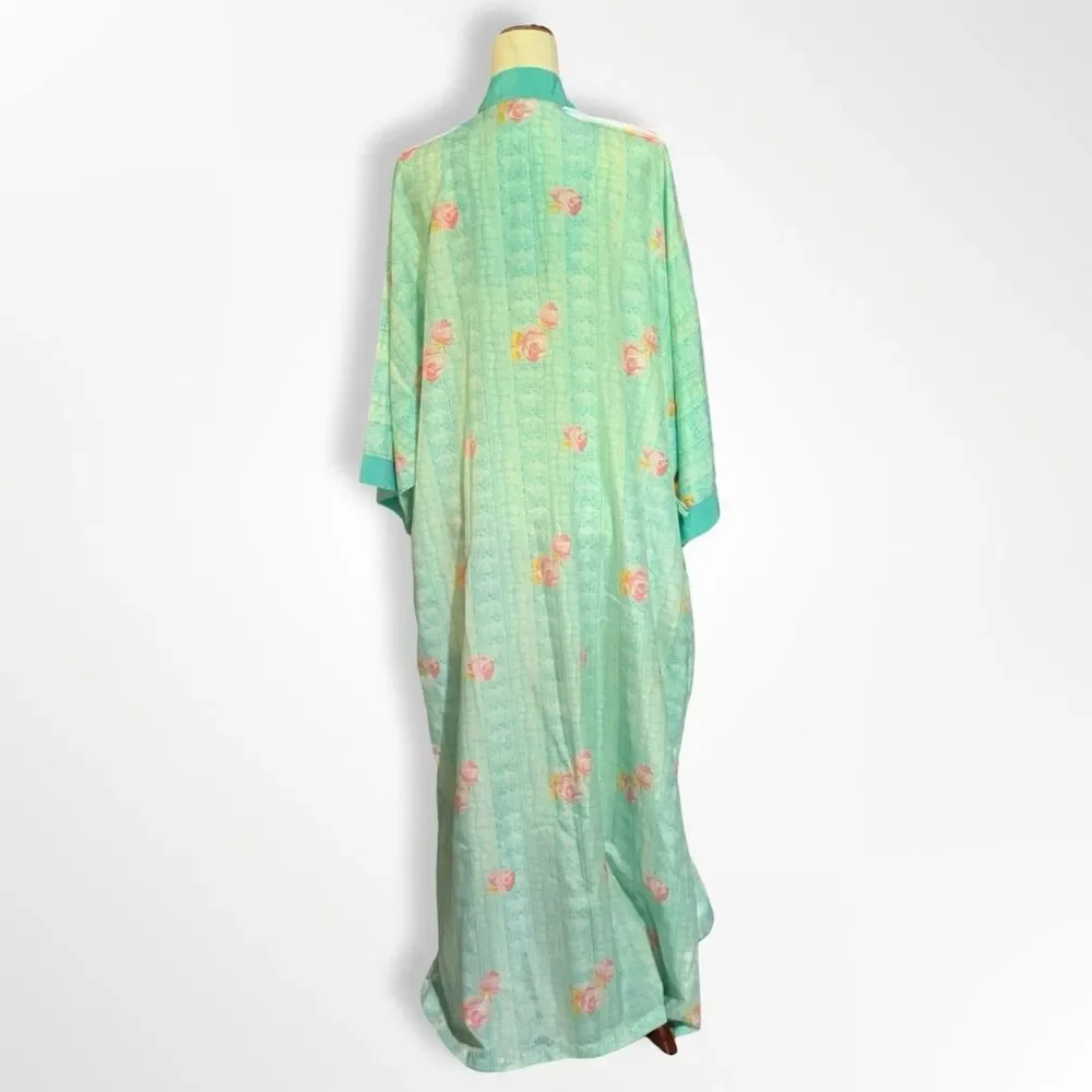 Contessa di Roma Vintage 80s 90s Turquoise Pink Floral Ling Satin Robe, XXL